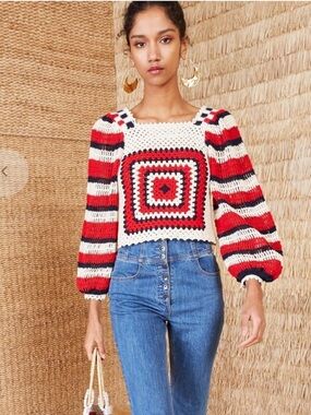 Ulla Johnson Beso Crochet Top in White and Red Size Small
